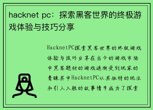 hacknet pc：探索黑客世界的终极游戏体验与技巧分享